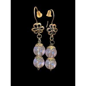 Iridescent Pink Bead Dangle Earrings With Floral Design Gold-Tone  Leaf Accents